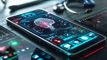 A cell phone displays a brain scan with a red spot. Concept of medical technology and the importance of understanding the human brain