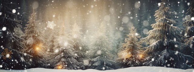 Fir tree with snow fall on blurred forest background.