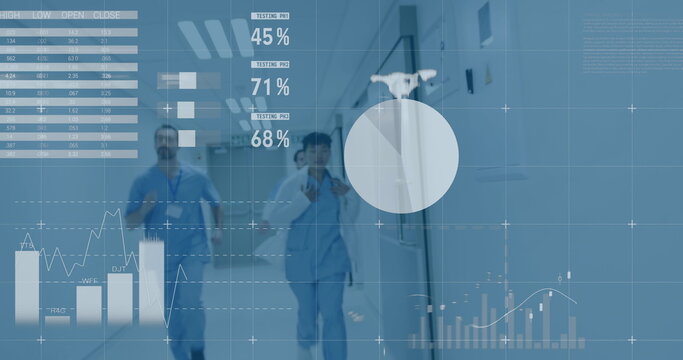 Image of financial graphs over diverse female and male doctors running on corridor - Powered by Adobe