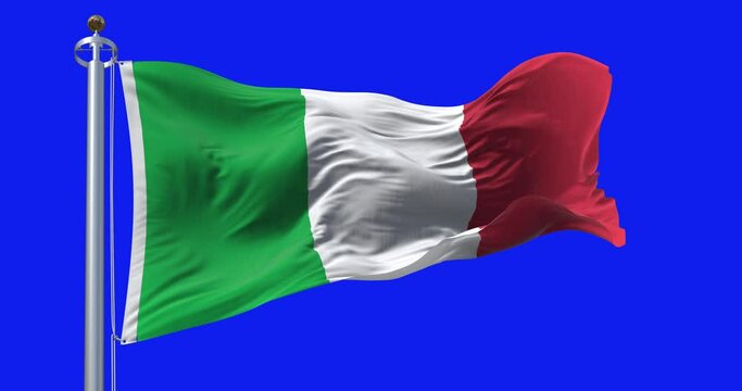 Close-up of the national flag of Italy waving isolated on blue background