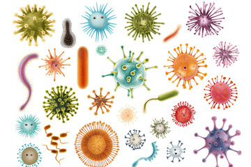 Virus, bacteria, and germs isolated on a white background