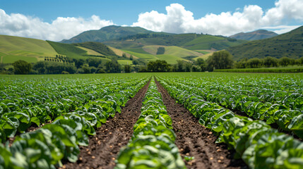 Fototapeta na wymiar Rows of lush green crops in a field with rolling hills in the background under a clear blue sky.