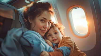 Mother and child traveling by airplane
