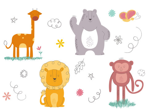 Cute Doodle style Animal vector. Friendly wild life lion, giraffe, bear and monkey in doodle pattern. Adorable funny animal and many characters hand drawn collection. Perfect for postcard, birthday