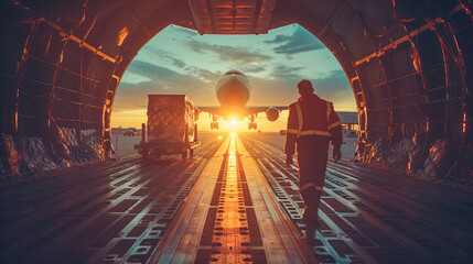 Worker loading cargo in airplane