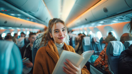 Smiling young woman reading in airplane