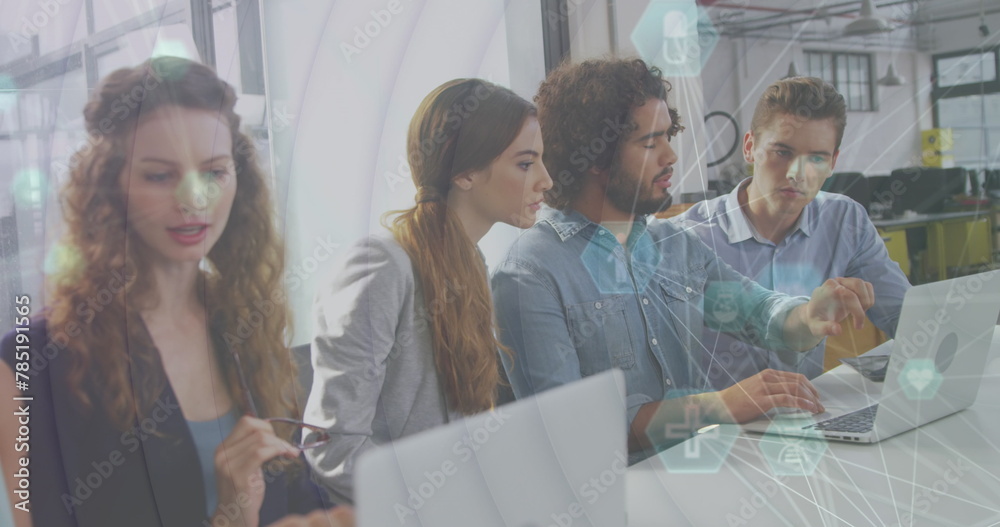 Poster Image of network of connections with icons over diverse female and male coworkers in office