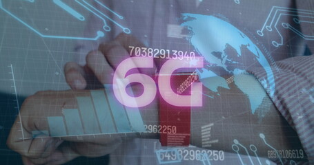 Image of data processing and 6g text over caucasian woman with smartwatch