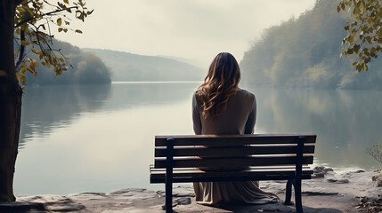 A woman sits on a bench by a river, lost in thought against the white backdrop - obrazy, fototapety, plakaty