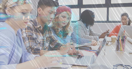 Image of data processing and padlock icon over diverse business people in office
