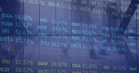 Image of statistics and data processing over businesspeople