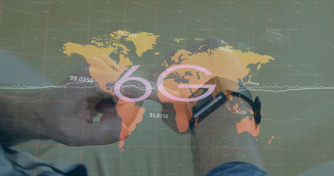 Image of data processing and 6g text over caucasian man with smartwatch