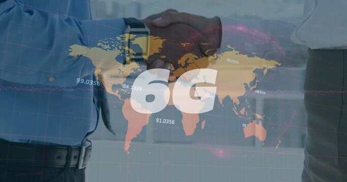 Image of 6g and world map over businessmen shaking hands - Powered by Adobe