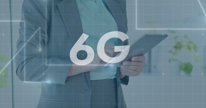 Image of 6g text and lines over caucasian businesswoman using tablet