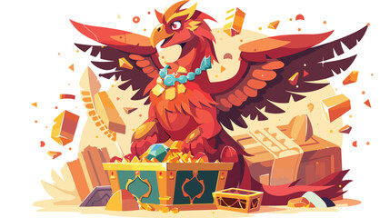 Mythical griffin guarding treasure trove of gold and