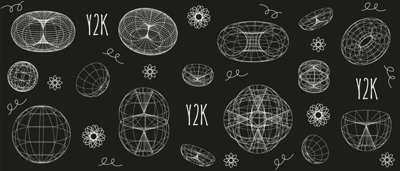 Set trendy Y2K Wireframe Shapes isolated black background. Brutalist Wireframe Shapes collection. Y2K Abstract vector element can used web social media graphic design. EPS 10