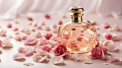 Obraz na płótnie Canvas Delicate rose petals scattered around an elegant perfume bottle