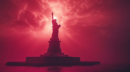 A statue of liberty is surrounded by a red sky