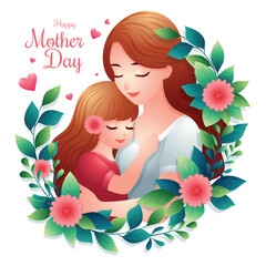 Cute Happy mother's day icon or symbol, Happy mom with beloved daughter vector illustration