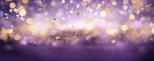 Fototapeta na wymiar Lavender background, football stadium lights with gold confetti decoration, copy space for advertising banner or poster design