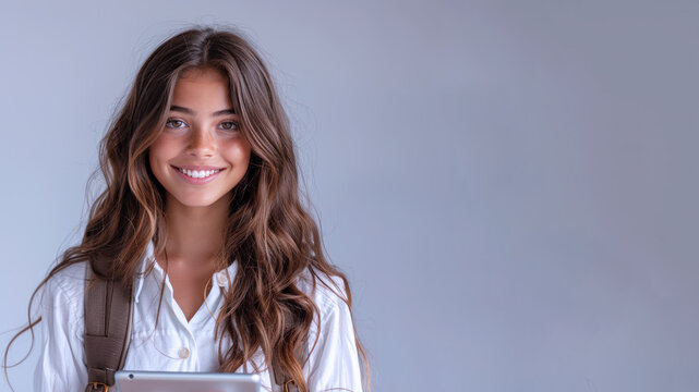 Hispanic school girl holding tablet with backpack, student, technology, education