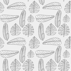 Tropical leaf line art wallpaper background vector. Design of natural monstera leaves and banana leaves in a minimalist linear outline style. Design for fabric, print, cover, banner, decoration.