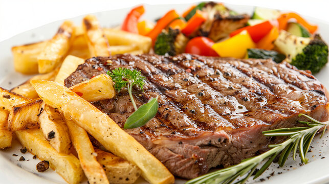 Succulent Grilled Steaks with Crispy French Fries and Fresh Vegetables on White Background, Perfect for Gourmet Cuisine Menus and Culinary Websites.