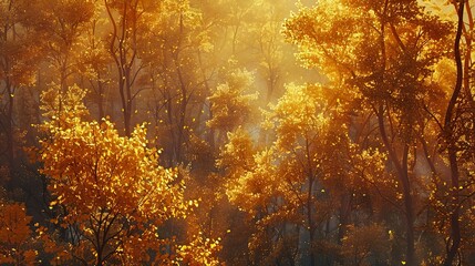 Golden sunlight through amber foliage, forest scene, close-up, high-angle, serene autumn dusk 