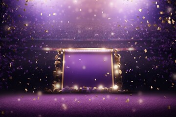 Lavender background, lights and golden confetti on the lavender background, football stadium with spotlights, banner for sports events