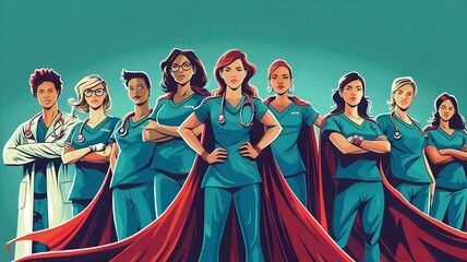 Cartoon style illustration of nurses as super heroes on green color background , uniform with heroes costumes 