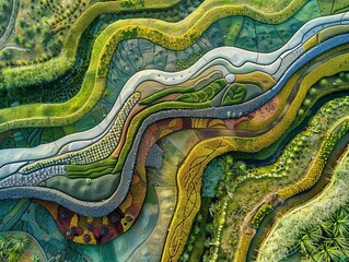 Craft a visually stunning panoramic view that celebrates the beauty of land art, incorporating intricate patterns, textures,