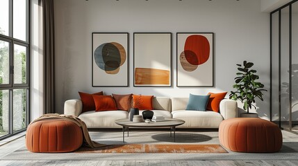Cheerful boho living room, minimal design, three art frames on wall, realistic mockup, soft natural lighting, cozy vibe , 8K , high-resolution, ultra HD,up32K HD