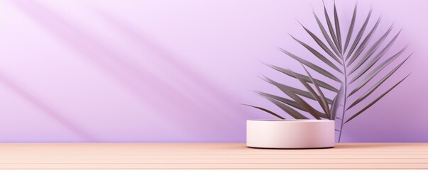 Lavender background with palm leaf shadow and white wooden table for product display, summer concept. Vector illustration