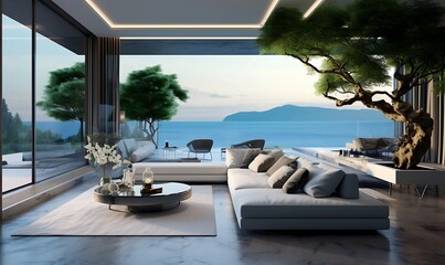 Fototapeta premium Luxury living room interior with view on the sea.