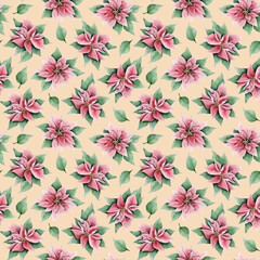Pink poinsettia Christmas flowers and green leaves watercolor floral seamless pattern on peach beige background for winter holidays greeting cards and festive textiles