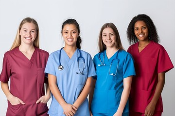 Group of multinational nurses on white background with blue and red scrub uniform