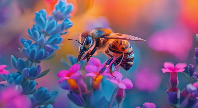 Vibrant Nature's Harmony Close-Up Photo of a Bee in Neon Colors Pollinating Beautiful Flowers in Neon Pink, Purple, and Yellow
