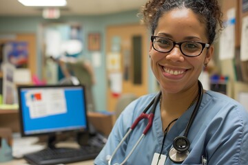 Portrait of smiling nurse on nurse's station background with computer and desk