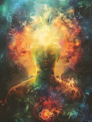 A scifi artwork of a man with a glowing light emitting from his head