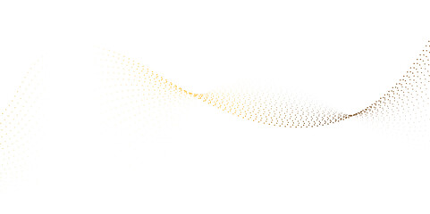 Flowing wave dot particles halftone pattern golden gradient curve shape isolated on transparent background. Digital future technology concept, science, banner, business, music. Vector illustration.