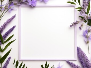Fototapeta na wymiar Lavender frame background, tropical leaves and plants around the lavender rectangle in the middle of the photo with space for text