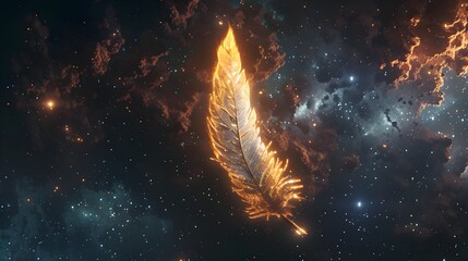 Ethereal Phoenix Feather Floating in a Dystopian Cosmic Void with Glowing Stars and Cinematic Lighting - obrazy, fototapety, plakaty