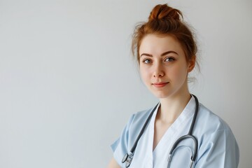 Portrait of nurse on white background with stethoscope and uniform 