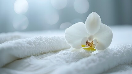 Fototapeta na wymiar Minimalist Orchid on White Towel in Soft Focus for Promoting Tranquility and Wellness