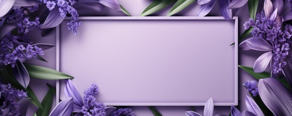 Lavender frame background, tropical leaves and plants around the lavender rectangle in the middle of the photo with space for text