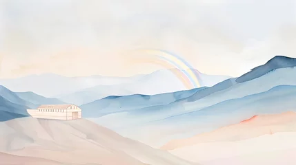 Foto op Canvas Serene Watercolor Painting of Ark Resting on Mountaintop with Rainbow Arcing Across Clearing Sky as Symbol of God s Promise © Apiruedee