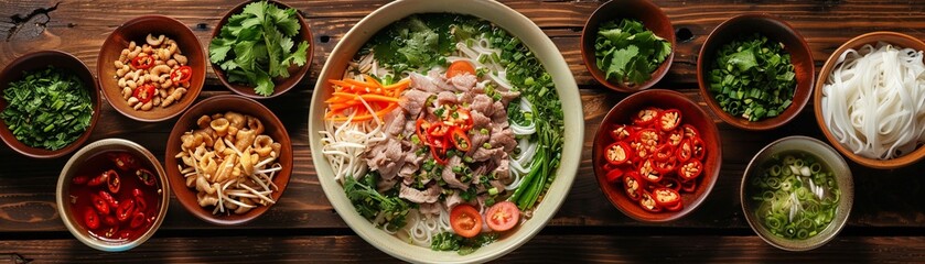 Wide flatlay of pho ga, authentic garnishes, bright natural light, traditional Vietnamese essence , 8K , high-resolution, ultra HD,up32K HD