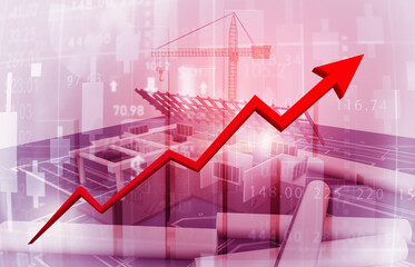 Arrow graph on building construction stock market background. 3d illustration.