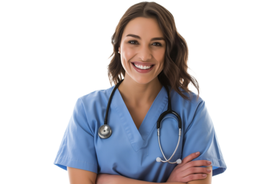 Isolated nurse on transparent background with blue scrub uniform  