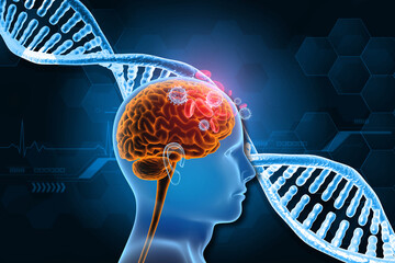 Virus infected brain on DNA science background. 3d illustration..